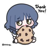  1girl blue_hair bocchi_the_rock! chibi chibi_only cookie eating english_text food full_body green_eyes hair_ornament hairclip highres jitome looking_at_viewer lulalang mole mole_under_eye parallel_hairclips saliva shirt short_hair simple_background sitting solo twitter_username white_background white_shirt yamada_ryo 