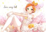  absurdres blush cursive dress earrings english flower frills highres hoshizora_rin jewelry love_live! love_live!_school_idol_project love_wing_bell orange_hair solo song_name symbol-shaped_pupils thighhighs thighs umeno wedding_dress 