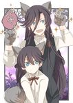  animal_ears black_hair blue_eyes braid fang halloween horikawa_kunihiro izumi-no-kami_kanesada male_focus multiple_boys open_mouth side_braid smile sparkle tail touken_ranbu ui_(majiwi) wolf_ears wolf_paws wolf_tail 