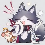  ahoge animal_ear_fluff animal_hat animalization artist_name ashveil_(honkai:_star_rail) black_fur chinese_commentary closed_eyes commentary_request crescent crescent_pin fang fluffy_tail full_body ganleneng hat hat_ornament honkai:_star_rail honkai_(series) jewelry lower_eyelashes_only monkey necklace open_clothes scarf simple_background sweatdrop tooth_necklace yawning 