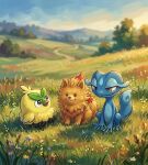  3others ai-generated aretrowolf bird bright_pupils browt commentary dog english_commentary gecko gecqua multiple_others no_humans pokemon pokemon_(creature) pokemon_day pokemon_focus pokemon_ww pombon smile white_pupils 