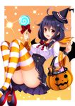  ahoge ass basket benitsuki_tsubasa breasts candy food hair_ornament halloween halloween_costume hat highres kantai_collection lollipop long_hair medium_breasts open_mouth pumpkin purple_hair red_eyes smile solo striped striped_legwear taigei_(kantai_collection) thighhighs whale_hair_ornament witch_hat 