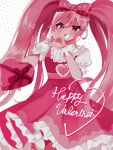  1girl :d alternate_skin_color bare_arms belt big_hair blunt_ends blush bow breasts collared_shirt commentary cowboy_shot dot_nose double-parted_bangs dress english_commentary foreshortening frilled_dress frilled_sleeves frills from_below hair_between_eyes hair_bow hand_up happy_valentine heart highres long_hair looking_at_viewer ojou-sama_pose omori open_mouth pink_belt pink_bow pink_dress pink_eyes pink_hair polka_dot polka_dot_background polka_dot_bow puffy_short_sleeves puffy_sleeves reaching reaching_towards_viewer red_bow shaded_face shirt short_sleeves sidelocks simple_background sleeveless sleeveless_dress small_breasts smile solo standing sweetheart_(omori) tongue tsurime twintails v-shaped_eyebrows very_long_hair white_background white_shirt yuyuyu_m5 