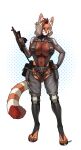 2026 absurd_res ailurid anthro belt big_breasts blue_eyes breasts brown_body brown_fur cleavage clothed clothing eyebrows eyelashes eyewear feet female fur glasses glistening glistening_breasts gun hair hand_on_hip hi_res inner_ear_fluff knee_pads mammal markings navel orange_body orange_fur pgm300 ranged_weapon red_panda ring_(marking) ringed_tail shrug_(clothing) solo striped_markings striped_tail stripes submachine_gun tail tail_markings tuft weapon white_body white_fur white_hair