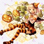  :d ao_no_exorcist ascot blonde_hair breasts capelet cleavage collarbone detached_collar diagonal_stripes elbow_gloves familiar gloves green_eyes hairband high_heels jack-o'-lantern kaji_o_toranai looking_at_viewer moriyama_shiemi nii_(ao_no_exorcist) open_mouth plant pumpkin shoes skirt small_breasts smile sparkle star striped striped_background striped_legwear thighhighs twitter_username vines white_gloves 