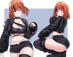  1girl absurdres ass black_hair black_jacket black_shorts breasts cropped_jacket ego_(takanashi_kiara) highres hololive hololive_english jacket large_breasts midriff multicolored_hair multiple_views navel orange_hair purple_eyes short_hair shorts soup_(soupysoull) takanashi_kiara two-tone_hair virtual_youtuber 
