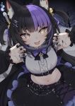  1girl absurdres animal_ears anya_nyabyss bell belt black_belt black_hair black_nails black_skirt black_sleeves cat_ears cat_girl center_frills commentary detached_sleeves frills grey_eyes hair_bell hair_ornament hair_ribbon highres multicolored_hair navel open_mouth phase_connect purple_hair purple_ribbon ribbon skirt smile solo stomach two-tone_hair two_side_up valefal_coneri virtual_youtuber 