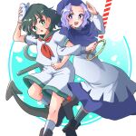  2girls absurdres anchor anchor_symbol black_boots black_hair blue_hood boots collared_shirt commentary_request dress green_eyes grey_socks hand_on_headwear hat highres jewelry kumoi_ichirin layered_dress locked_arms long_sleeves looking_at_another mini_hat multiple_girls murai_nagisa murasa_minamitsu neckerchief red_neckerchief ring sailor_hat salute shirt short_hair shorts simple_background socks touhou white_dress white_hat white_shirt white_shorts white_socks 