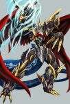  absurdres arm_cannon armor black_armor commentary_request digimon digimon_(creature) dragon forehead_jewel full_body grey_background highres imperialdramon imperialdramon_fighter_mode niziko red_wings simple_background weapon wings 