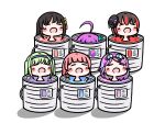  6+girls :o absurdres ahoge arcshizuku bathing black_hair blunt_bangs blush_stickers can chibi chibi_only commentary date_akari gas_mask goggles goggles_on_head green_hair hair_ornament hairband heaven_burns_red highres ishii_iroha long_hair long_sleeves mask mask_on_head mikoto_fubuki mizuhara_aina mole multicolored_hair multiple_girls murofushi_risa nikaidou_misato open_mouth pink_hair purple_eyes purple_hair red_hair short_hair sidelocks simple_background streaked_hair tassel tassel_hair_ornament team_31d_(heaven_burns_red) twintails untranslatable_commentary white_background 