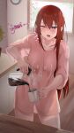  1girl absurdres apapro blue_eyes blush breasts clock coffee collarbone commentary cowboy_shot cup english_commentary hair_between_eyes heart highres holding indoors kitchen long_hair makise_kurisu medium_breasts morning one_eye_closed open_mouth pink_shirt plant potted_plant red_hair science_adventure shirt sidelocks sleepy solo standing steam steins;gate t-shirt thighs tongue very_long_hair wall_clock window yawning 