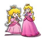  artist_request black_eyes blonde_hair crown dress dual_persona earrings elbow_gloves gloves jewelry lips long_hair mario_&amp;_luigi:_paper_jam mario_&amp;_luigi_rpg mario_(series) multiple_girls official_art open_mouth paper_mario pink_dress princess_peach puffy_short_sleeves puffy_sleeves short_sleeves super_mario_bros. white_background white_gloves 