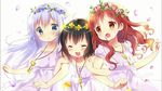  :d ^_^ alternate_hairstyle black_hair blue_eyes blue_hair chestnut_mouth closed_eyes dress flower_wreath girl_sandwich gochuumon_wa_usagi_desu_ka? hair_down happy head_wreath highres jewelry jouga_maya kafuu_chino key koi_(koisan) lavender_hair locked_arms long_hair multiple_girls natsu_megumi necklace non-web_source open_mouth orange_eyes petals red_hair sandwiched short_hair smile 