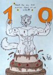 2026 abs absurd_res accessory anthro arctic_wolf areola armpit_tuft balls barazoku biceps big_muscles black_nose bruno_o_donnell cake candy canid canine canis cherry chocolate chocolate_cake colored_pencil_(artwork) dashthefox dessert english_text fluffy fluffy_tail food fruit fur genitals glans hair hair_accessory hi_res humanoid_genitalia humanoid_penis looking_at_viewer male mammal manly muscular muscular_anthro muscular_arms muscular_male nipples nude nude_anthro nude_male obliques pecs penis pink_glans pink_nipples plant pop_out_cake simple_background smile solo strawberry tail text thick_penis tied_hair traditional_media_(artwork) vein veiny_penis white_body white_fur white_penis wolf yellow_eyes