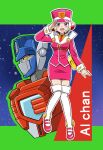  1boy 1girl :d autobot brown_hair buttons character_name collared_shirt commentary cropped_torso fire_convoy full_body green_outline headset helmet highres jacket komagoma long_sleeves looking_at_viewer medium_hair miniskirt necktie open_mouth orange_shirt outline pencil_skirt pink_helmet pink_jacket pink_shoes pink_skirt purple_eyes red_necktie robot salute shirt shoes skirt smile standing star_(sky) starry_sky_background t-ai_(transformers) thighhighs transformers transformers:_car_robots white_outline white_thighhighs yellow_eyes 