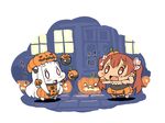  :d alternate_costume baku_taso brown_eyes brown_hair commentary_request fang halloween jack-o'-lantern kantai_collection libeccio_(kantai_collection) long_hair multiple_girls northern_ocean_hime open_mouth pale_skin shinkaisei-kan smile translated twintails white_hair white_skin 