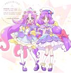  2girls :d ahoge akechi_anna blue_bow blush bow bowtie closed_mouth commentary cure_answer cure_coral dot_nose dress fingerless_gloves frilled_gloves frills full_body gloves gradient_hair green_eyes hair_intakes hair_ornament hat hat_bow highres kneehighs long_hair looking_at_viewer magical_girl mearian meitantei_precure! multicolored_hair multiple_girls open_mouth parted_bangs pink_bow pink_bowtie pink_hair precure purple_dress purple_hair purple_shoes red_bow shoes short_sleeves smile socks standing striped_bow suzumura_sango thighhighs tropical-rouge!_precure untranslatable_commentary watermark white_gloves white_hat white_socks white_thighhighs wing_hair_ornament yellow_bow 