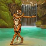  5_fingers 5_toes anthro feline male mammal nude outside pose solo tiger toes treefyleaves water waterfall 