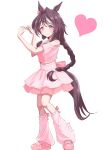  1girl absurdres animal_ears becherry blush braid breasts brown_hair closed_mouth clothing_cutout commentary_request cropped_shirt ear_flower flower_in_eye full_body hair_between_eyes heart heart_arms highres horse_ears horse_girl horse_tail layered_skirt long_braid long_hair looking_at_viewer loose_socks meni_shuki_rush-sshu! midriff_peek pink_eyes pink_shirt pink_shoes pink_skirt pink_socks sakura_chitose_o_(umamusume) shirt shoes shoulder_cutout simple_background skirt smile socks solo symbol_in_eye tail umamusume white_background 