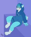 4_toes 5_fingers ambiguous_gender anthro artist_logo black_eyewear black_glasses blue_body blue_clothing blue_ears blue_fur blue_hair blue_hoodie blue_nose blue_onesie blue_tail blue_topwear blush blush_lines bubblepuppers button_(fastener) canid canine canis clean_diaper clothed clothing diaper diaper_under_clothing diaper_under_onesie eyewear feet fingers full-length_portrait fur geometric_background glasses hair hi_res high-angle_view hoodie leg_markings logo male_(lore) mammal markings onesie pagos_volkor portrait rectangular_glasses simple_background sitting smile snapsuit socks_(marking) solo tail three-quarter_view toes topwear wearing_diaper wearing_glasses wolf