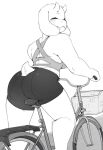 2026 2_horns alternate_costume anthro arm_tuft bare_shoulders basket bicycle big_butt black_and_white blush blush_lines blushing_profusely boss_monster_(undertale) bottomwear bovid breasts butt caprine closed_smile clothed clothed_anthro clothed_female clothing container crop_top digital_drawing_(artwork) digital_media_(artwork) ear_tuft eyebrows eyelashes eyes_closed fangs female fingers floppy_ears fully_clothed fully_clothed_anthro fully_clothed_female fur fur_tuft glistening glistening_bottomwear glistening_clothing glistening_shorts glistening_spandex_shorts goat head_tuft head_turned horn leg_tuft lop_ears mammal mature_anthro mature_female monochrome mouth_closed neck_tuft punipaws shirt short_horn short_tail shorts shoulder_tuft small_horn smile snout solo spandex spandex_shorts tail teeth thin_eyebrows three-quarter_view tight_bottomwear tight_clothing tight_shorts topwear toriel tuft undertale undertale_(series) vehicle