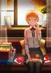  bangs black_legwear black_neckwear black_ribbon black_skirt blush box closed_eyes collared_shirt couch curtains envelope eyebrows eyebrows_visible_through_hair flower gift gift_box hoshizora_rin indoors long_sleeves love_live! love_live!_school_idol_project neck_ribbon nose_blush on_couch orange_hair picture_frame ribbon shirt short_hair sitting skirt smile solo tears thighhighs white_shirt window wiping_tears zettai_ryouiki zhanzheng_zi 