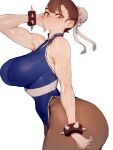  1girl bracelet breasts brown_eyes brown_hair bun_cover chinese_clothes chun-li from_side fumio_(rsqkr) hair_bun hair_pulled_back highres jewelry large_breasts looking_at_viewer pantyhose pelvic_curtain sleeveless solo spiked_bracelet spikes street_fighter thick_thighs thighs white_background 