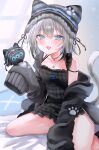  1girl absurdres animal_ears animal_hat bare_legs bare_shoulders beanie black_dress black_hoodie black_ribbon black_streaks blue_eyes blush cat_ears cat_girl cat_hat collarbone commentary_request dot_nose dress fang frilled_dress frills grey_hair hat hennyano_(nachoneko) highres hood hood_down hoodie indie_virtual_youtuber jewelry legs long_sleeves looking_at_viewer meimocox multicolored_hair nachoneko necklace off_shoulder open_clothes open_hoodie open_mouth oversized_clothes paw_print plaid_clothes plaid_dress ribbon seiza short_hair sidelocks single_bare_shoulder single_off_shoulder sitting sleeves_past_fingers sleeves_past_wrists smile solo star_(symbol) star_necklace strap_slip streaked_hair tail thighs tongue 