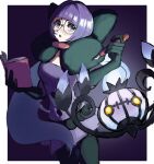  1girl bipibipi_4da blunt_bangs bob_cut book breasts chandelier chandelure commentary_request elbow_gloves ghost glasses gloves highres holding holding_book holding_pen medium_breasts neck_pillow open_mouth pantyhose pen pokemon pokemon_(creature) pokemon_bw purple_eyes purple_hair purple_skirt rimless_eyewear round_eyewear shauntal_(pokemon) short_hair skirt 