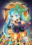  bat blue_eyes blue_hair bug butterfly_mask candy candy_corn cape cat detached_sleeves eyeball finger_to_mouth food full_moon ghost halloween hatsune_miku jack-o'-lantern lollipop long_hair moon randy_williams skull smile solo spider swirl_lollipop twintails vocaloid 