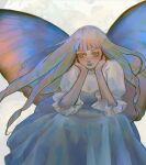  1girl arthropod_girl blonde_hair blue_eyes butterfly_girl butterfly_wings dress drill_hair grey_background gundam highres insect_wings kihel_heim long_hair psyche_1205 solo turn_a_gundam wings 