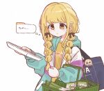  1girl bag_charm blonde_hair blush braid brown_ribbon character_charm charm_(object) commentary_request denim_bag fujita_kotone gakuen_idolmaster hair_ribbon highres hood hooded_jacket idolmaster jacket juo_sena long_hair looking_at_object maashiiya multicolored_jacket ribbon shirt shopping_basket simple_background solo speech_bubble spring_onion sweatdrop thought_bubble translation_request twin_braids white_background yellow_eyes yellow_shirt 