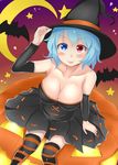  arlonn bare_shoulders bat blue_eyes blue_hair breasts cleavage crescent_moon halloween hat heterochromia jack-o'-lantern large_breasts moon red_eyes solo star striped striped_legwear tatara_kogasa thighhighs tongue tongue_out touhou witch_hat 