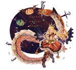  ;d azaka_(rionrita) bat_wings blonde_hair cagliostro_(granblue_fantasy) candy dragon food frilled_skirt frills granblue_fantasy halloween happy_halloween highres jack-o'-lantern long_hair one_eye_closed open_mouth purple_eyes skirt smile solo star thighhighs wings 