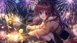  1girl :d aerial_fireworks ahoge bag black_bag black_bow black_sky black_socks blue_eyes blush bow brown_hair card_commentary dot_nose dutch_angle film_grain fireworks from_side full_moon game_cg hair_bow hair_intakes handbag holding holding_fireworks hood hooded_jacket izumi_tsubasu jacket lens_flare long_hair looking_at_viewer looking_to_the_side moon non-web_source official_art open_mouth outdoors re:stage! self-datamine shikimiya_aone sky sleeves_past_wrists smile socks solo sparkler squatting two_side_up water yellow_jacket 