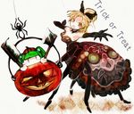  :d adapted_costume alternate_hairstyle axe blonde_hair blush bow bug chamaruku choker cleaver colored_eyelashes commentary_request dress elbow_gloves english gloves green_hair hair_bobbles hair_bun hair_ornament halloween halloween_costume insect_girl jack-o'-lantern kisume kurodani_yamame kurodani_yamame_(spider) looking_at_viewer monster_girl multiple_girls open_mouth outstretched_arm smile spider spider_girl strapless text_focus touhou trick_or_treat twintails weapon yellow_eyes 