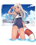  blonde_hair blue_eyes cradle_(2849) flower hair_flower hair_ornament highres kantai_collection lifebuoy long_hair one-piece_swimsuit open_mouth ro-500_(kantai_collection) school_swimsuit smile solo swimsuit tan tanline torpedo 