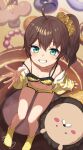  1girl ahoge aqua_eyes breasts brown_hair camisole commentary_request double-parted_bangs ebi_frion_(natsuiro_matsuri) frilled_camisole frills from_above grin hair_between_eyes hair_ornament hair_scrunchie highres hololive jacket long_sleeves loungewear matsurisu medium_hair natsuiro_matsuri natsuiro_matsuri_(matsuri's_day_off) no_shoes official_alternate_costume reaching reaching_towards_viewer scrunchie shorts side_ponytail small_breasts smile socks solo strap_slip striped_clothes striped_jacket tokumaro virtual_youtuber yellow_camisole yellow_jacket yellow_scrunchie yellow_shorts yellow_socks 