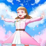  1girl :d absurdres blue_sky blush cherry_blossoms commentary_request cowboy_shot dream_believers dress facing_viewer falling_petals highres kachimachi_kosuzu layered_dress legs_apart link!_like!_love_live! long_sleeves looking_ahead love_live! outstretched_arms petals pink_dress pink_eyes pink_petals pleated_dress signature sky smile solo spread_arms standing twitter_username virtual_youtuber yukiti_ll 