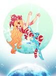 american_flag_dress american_flag_legwear ass bad_id bad_pixiv_id blonde_hair blue_background cheong_ha clownpiece floral_background gradient gradient_background hat jester_cap long_hair looking_down moon open_mouth red_eyes short_sleeves solo space swing thighhighs touhou two-tone_background very_long_hair white_background 
