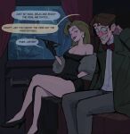  1boy 1girl absurdres amugea atlantis:_the_lost_empire blonde_hair blush brown_hair commentary dress english_text glasses helga_sinclair highres lipstick long_hair looking_at_another makeup milo_james_thatch red_lips round_eyewear suit 