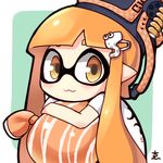  :3 bangs blush bucket bucket_on_head burst_bomb_(splatoon) chibi domino_mask end_tieno inkling mask object_on_head orange_eyes orange_hair slosher_(splatoon) solo splatoon_(series) splatoon_1 water_balloon 