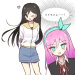  2girls :o ;d arms_behind_back aubrey_(faraway)_(omori) aubrey_(faraway)_(omori)_(cosplay) aubrey_(omori) aubrey_(omori)_(cosplay) black_eyes black_hair black_shirt black_sweater_vest blue_eyes blue_hairband blue_skirt blush bow_hairband breasts buttons collared_shirt commentary_request cosplay costume_switch cowboy_shot denim denim_skirt dot_nose double-parted_bangs faux_retro_artstyle hair_behind_ear hair_between_eyes hairband heart highres jacket long_hair looking_at_viewer mari_(faraway)_(omori) mari_(faraway)_(omori)_(cosplay) mari_(omori) mari_(omori)_(cosplay) miniskirt multiple_girls neck_ribbon omori one_eye_closed open_mouth pink_hair portrait red_ribbon ribbon sailor_collar shirt sidelocks simple_background skirt small_breasts smile standing straight_hair sweatdrop sweater_vest tareme translation_request true_erg tsurime turning_head very_long_hair white_background white_jacket white_shirt yellow_sailor_collar 