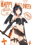  aoyama_sumika bangs bat_wings black_gloves black_hair black_legwear blush breasts brown_eyes choker cleavage coffee-kizoku commentary_request corset elbow_gloves eyebrows_visible_through_hair garter_straps gloves halloween happy_halloween hat highres looking_at_viewer mini_hat navel original short_hair single_thighhigh small_breasts solo thigh_strap thighhighs torn_clothes torn_legwear trick_or_treat wings witch_hat 