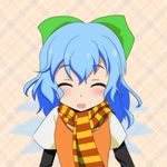  alternate_costume blue_hair blush bow cato_(monocatienus) cirno closed_eyes commentary dress hair_bow halloween long_sleeves open_mouth scarf short_over_long_sleeves short_sleeves smile solo touhou upper_body yellow_dress 