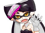  1girl aori_(splatoon) black_hair brown_eyes close-up commentary detached_collar domino_mask earrings fangs food food_on_head gloves highres jewelry long_hair mask mole mole_under_eye object_on_head open_mouth pointy_ears smile solo splatoon_(series) splatoon_1 strapless tentacle_hair upper_body white_background white_gloves writer_park 