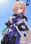  1girl absurdres arms_behind_back blonde_hair blue_archive blue_bodysuit blue_eyes blue_halo blue_streaks bodysuit halo hashtag-only_commentary highres jacket long_hair looking_at_viewer multicolored_hair multicolored_halo official_alternate_costume pcreambang smile solo streaked_hair toki_(armed)_(blue_archive) toki_(blue_archive) two-tone_halo white_jacket 