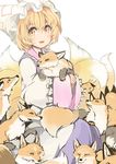  animal animal_ears blonde_hair blush dress flock fox fox_tail hat highres japa long_sleeves looking_at_viewer mob_cap multiple_tails open_mouth orange_eyes pillow_hat short_hair simple_background smile solo tabard tail too_many touhou white_background white_dress wide_sleeves yakumo_ran 
