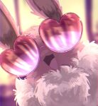  :d animal_focus blurry blurry_background brown_fur eevee fluffy heart heart-shaped_eyewear highres jimblym looking_at_viewer neck_fur no_humans open_mouth pink-tinted_eyewear pokemon pokemon_(creature) pokemon_focus smile solo tinted_eyewear upper_body yellow_background yellow_fur 
