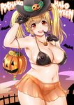  armpits bikini blonde_hair blush breasts candy cleavage commentary_request covered_nipples finger_to_mouth food food_themed_hair_ornament ganari_ryuu gloves hair_ornament halloween hat headphones highres large_breasts lollipop looking_at_viewer navel nitroplus open_mouth orange_eyes plump pumpkin pumpkin_hair_ornament see-through short_hair sketch smile solo super_pochaco sweets swimsuit twintails witch_hat 